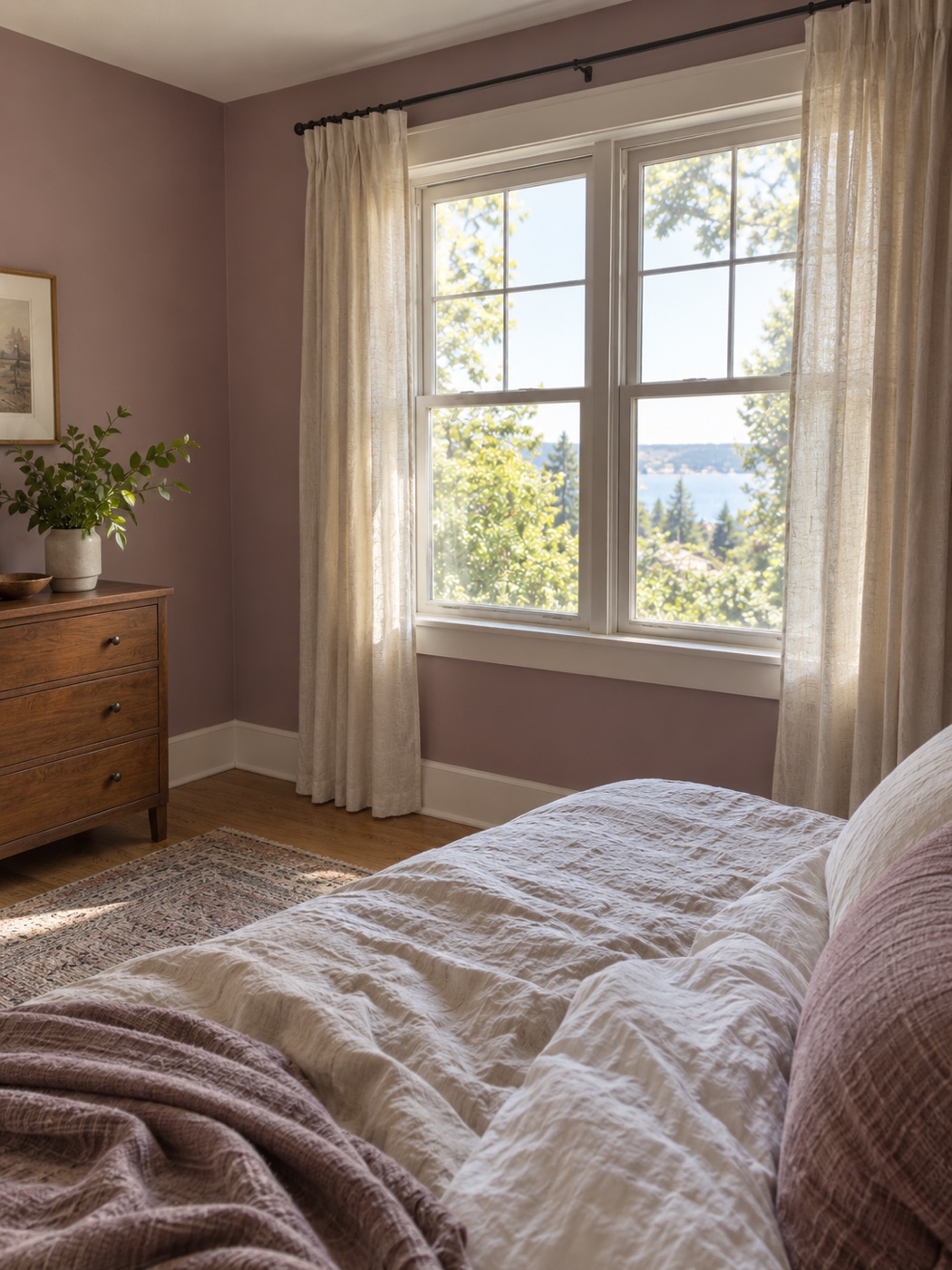 Mauve bedroom viewed from a different corner