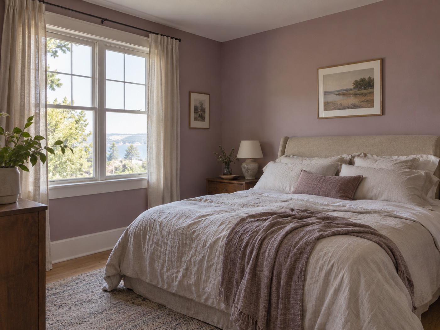 Mauve walls with linen bedding and walnut furniture