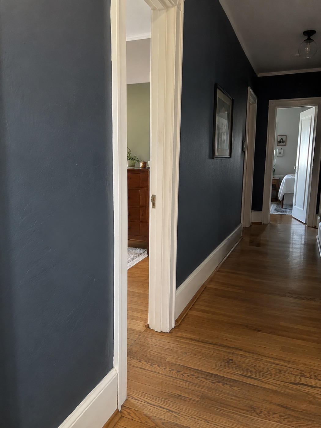 Dark blue hallway walls with off-white trim and oak flooring