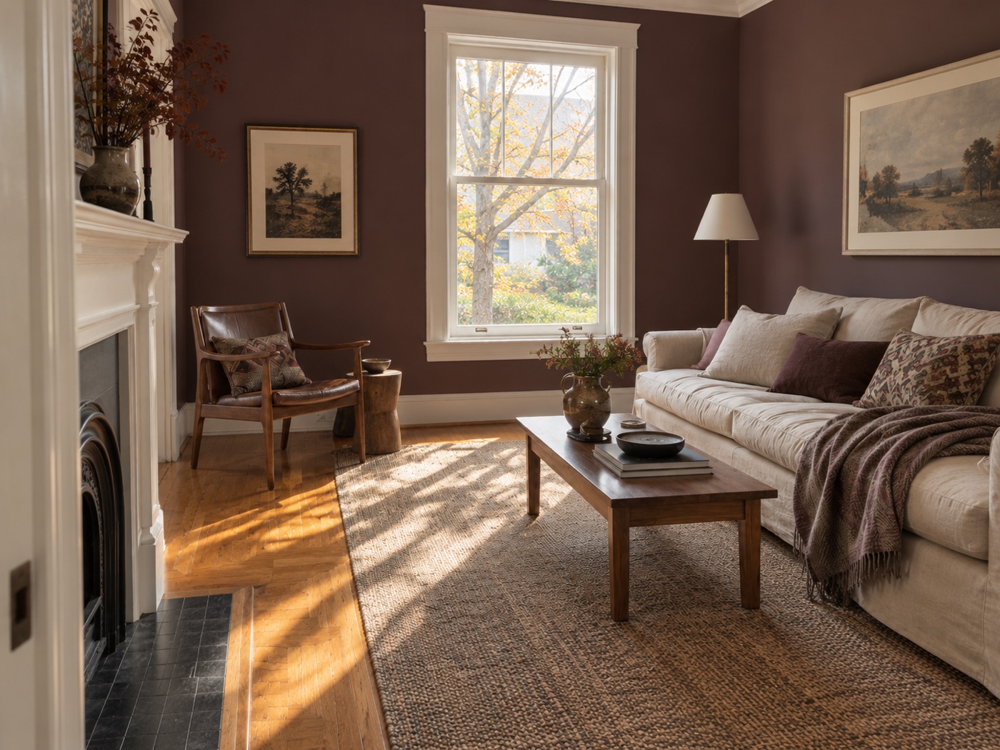 Alternate living-room view of plum walls and a cream sofa