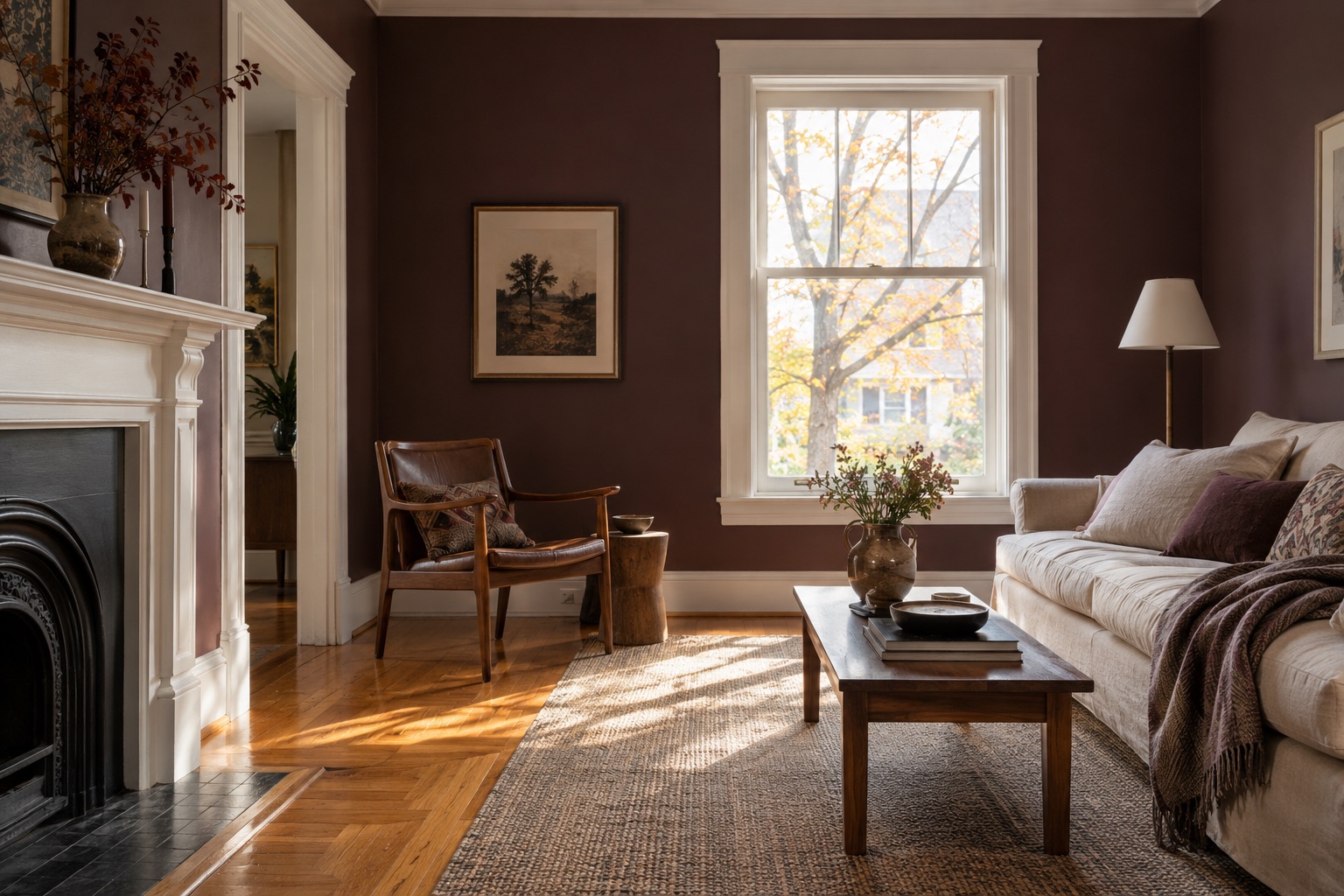 Colour inspiration: a plum-painted living room with oak floors and a cream sofa