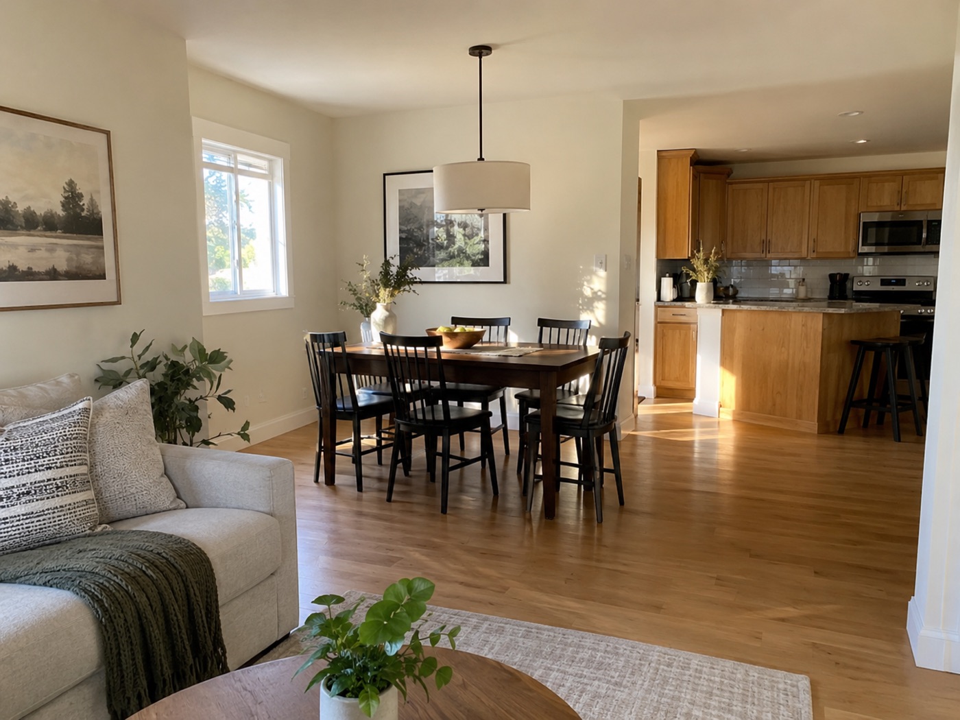 Warm-white walls in an open-plan living and dining room