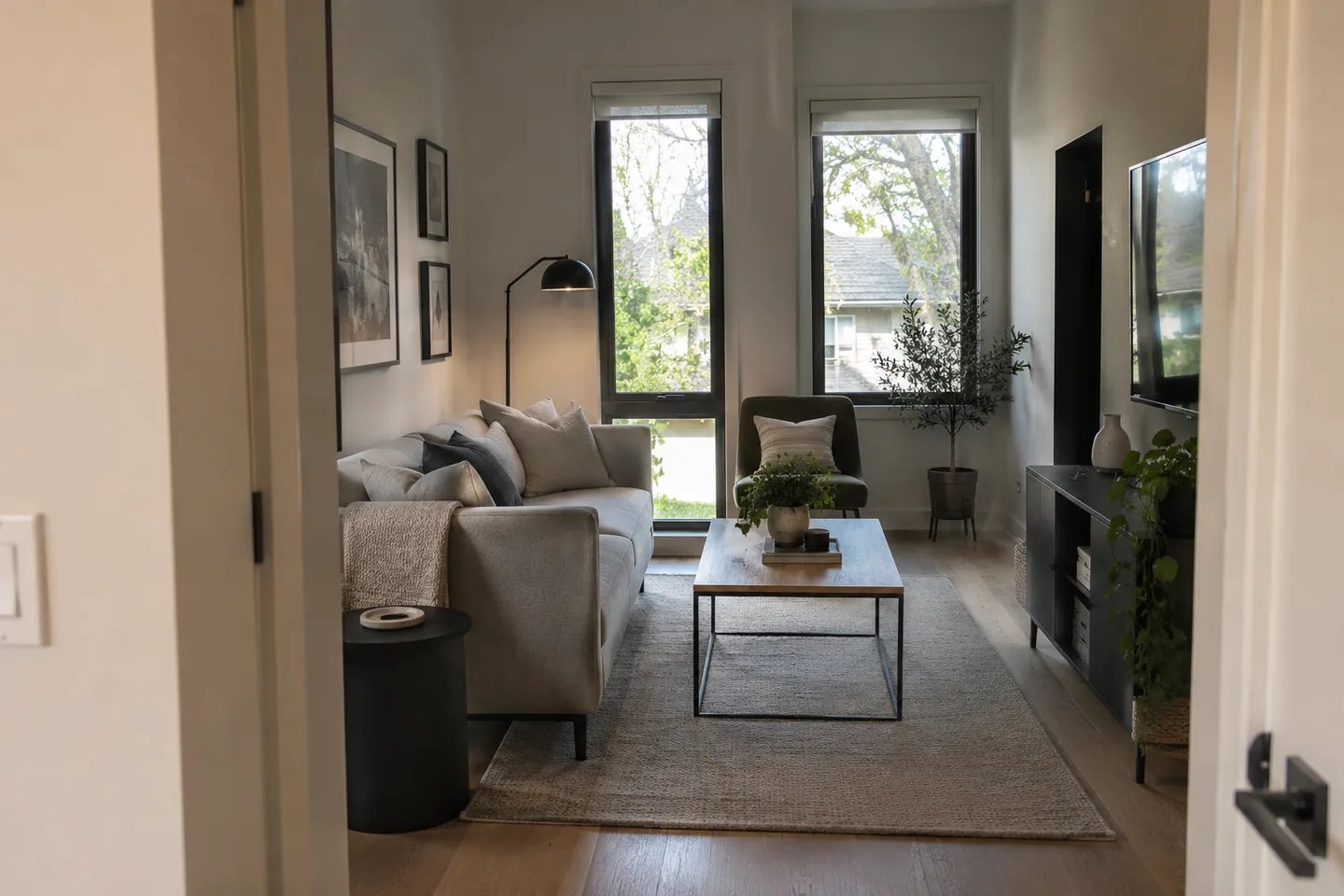 Narrow open-plan living room with greige walls and windows at the far end