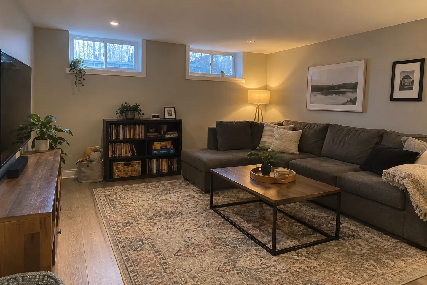 Finished basement sitting room with high windows and light neutral walls