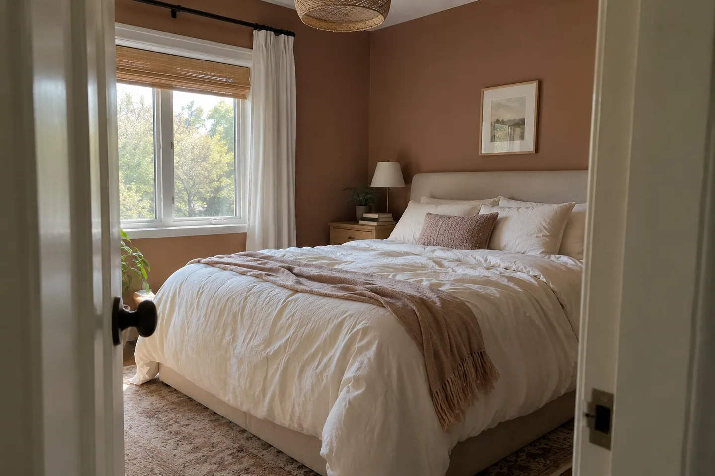 Muted clay bedroom walls with linen bedding and a reading lamp