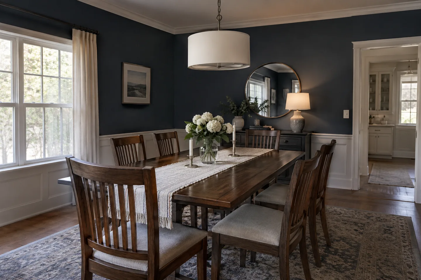 Navy dining-room walls with white crown moulding and dark wood furniture