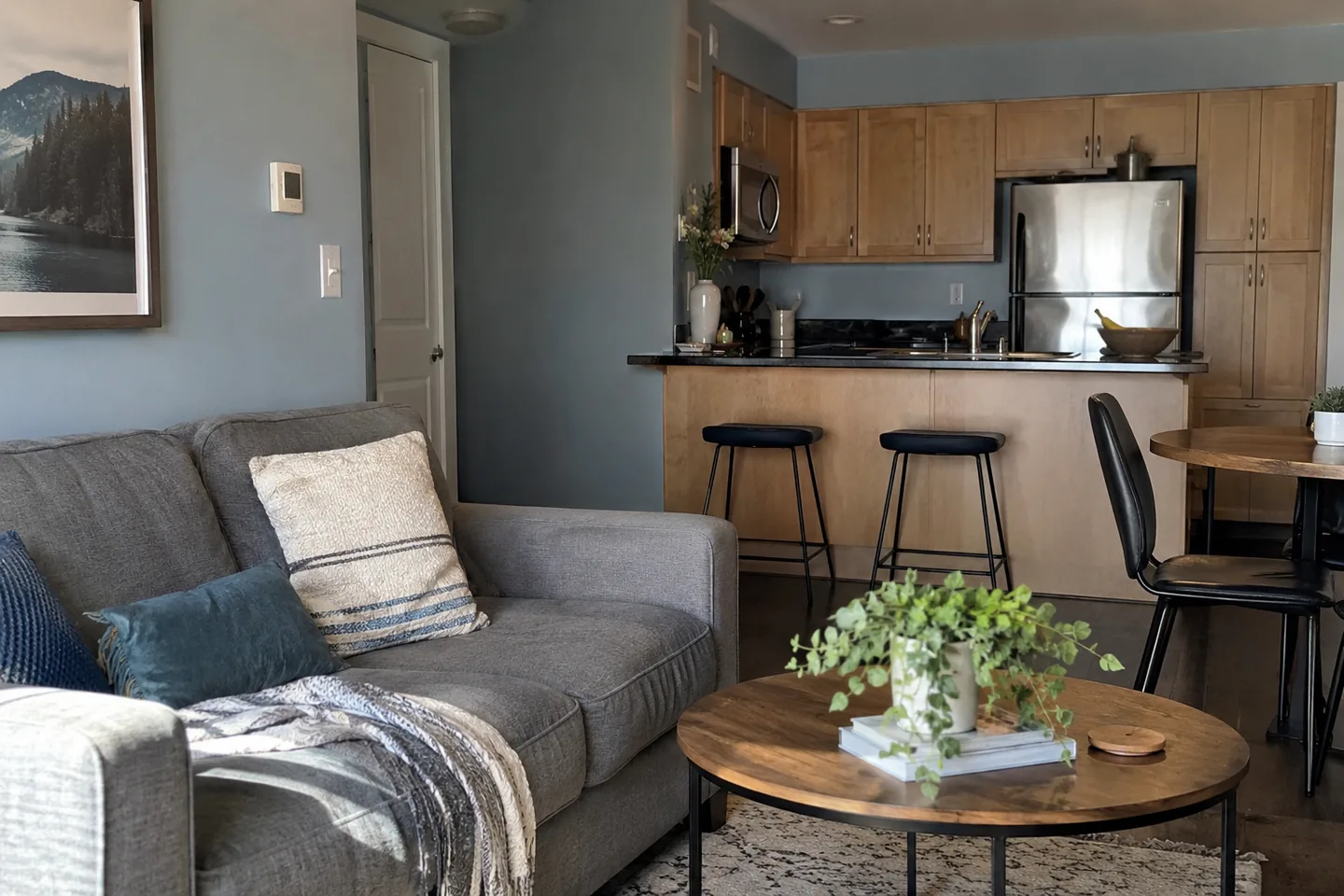 Blue-grey condo living room with oak flooring and a compact dining area