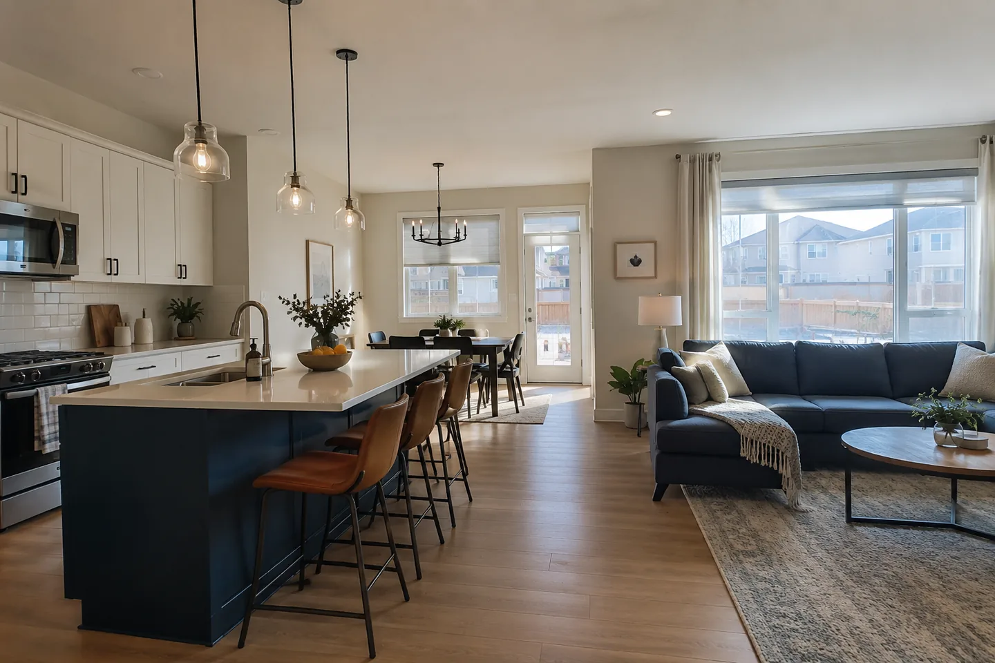 Open-plan kitchen and living room with warm white walls and a dark island
