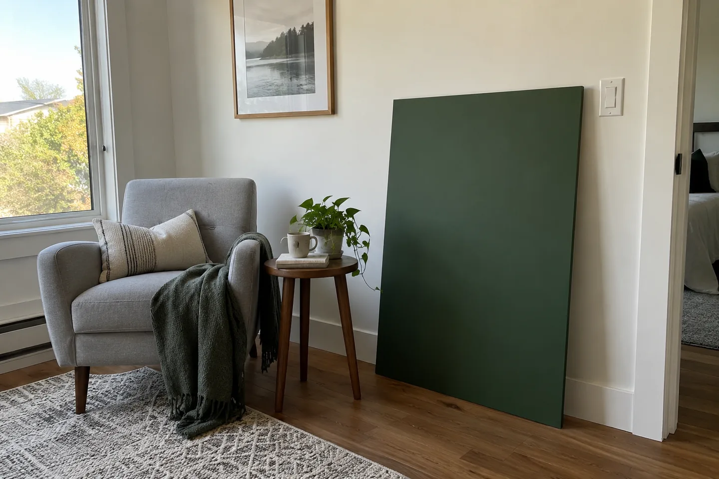 Light room with a large dark green colour board resting near an armchair
