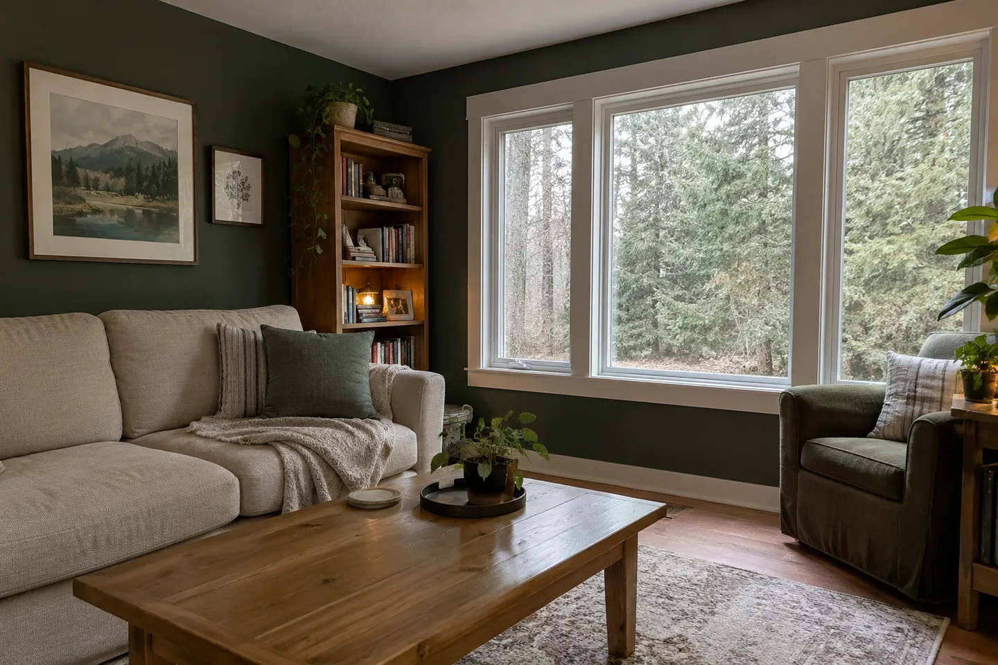 Deep green living room with pale upholstery and trees visible through the windows