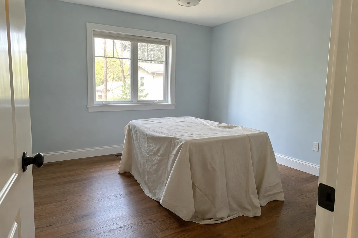Light-painted room with furniture covered and kept clear of the walls