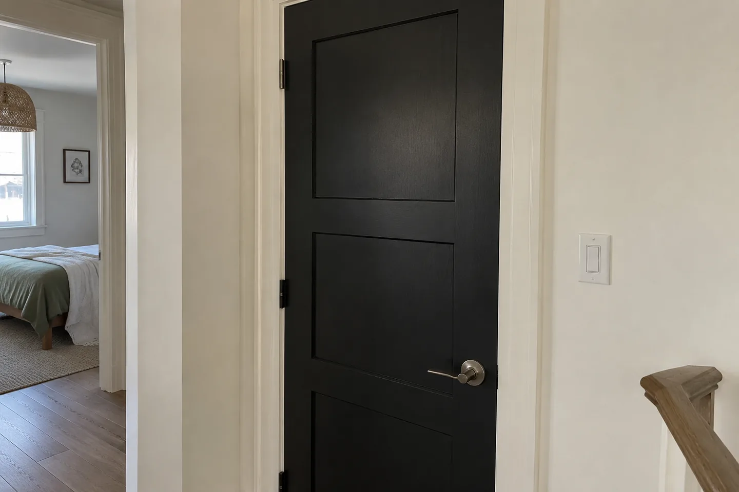 Charcoal interior door in a cream frame with conventional metal hardware
