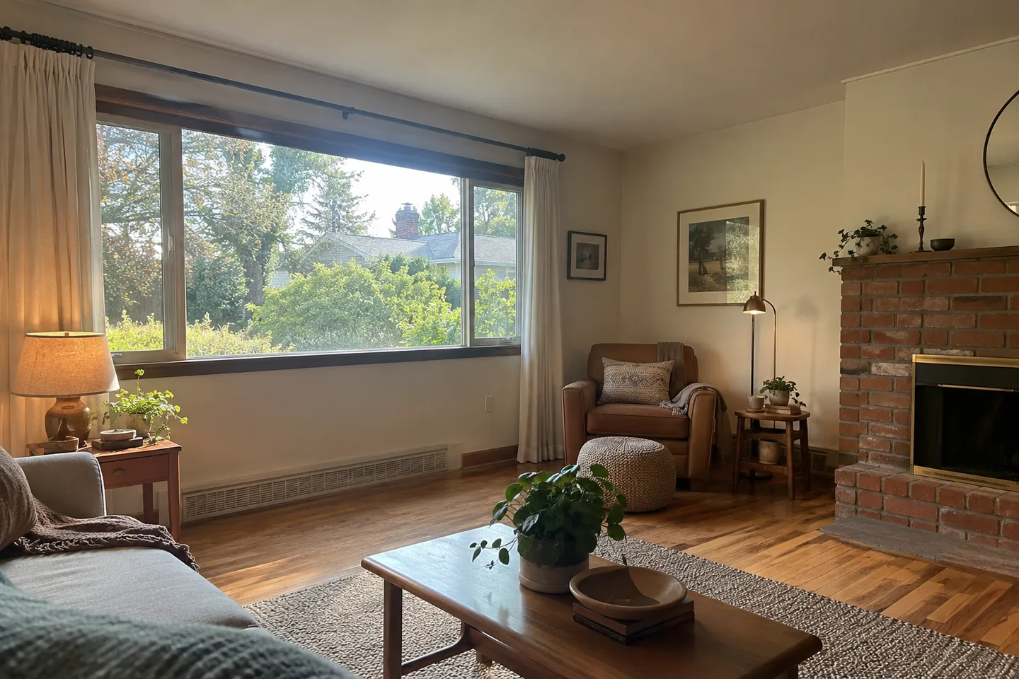 Light ivory living room with an oak floor, large window and brick fireplace