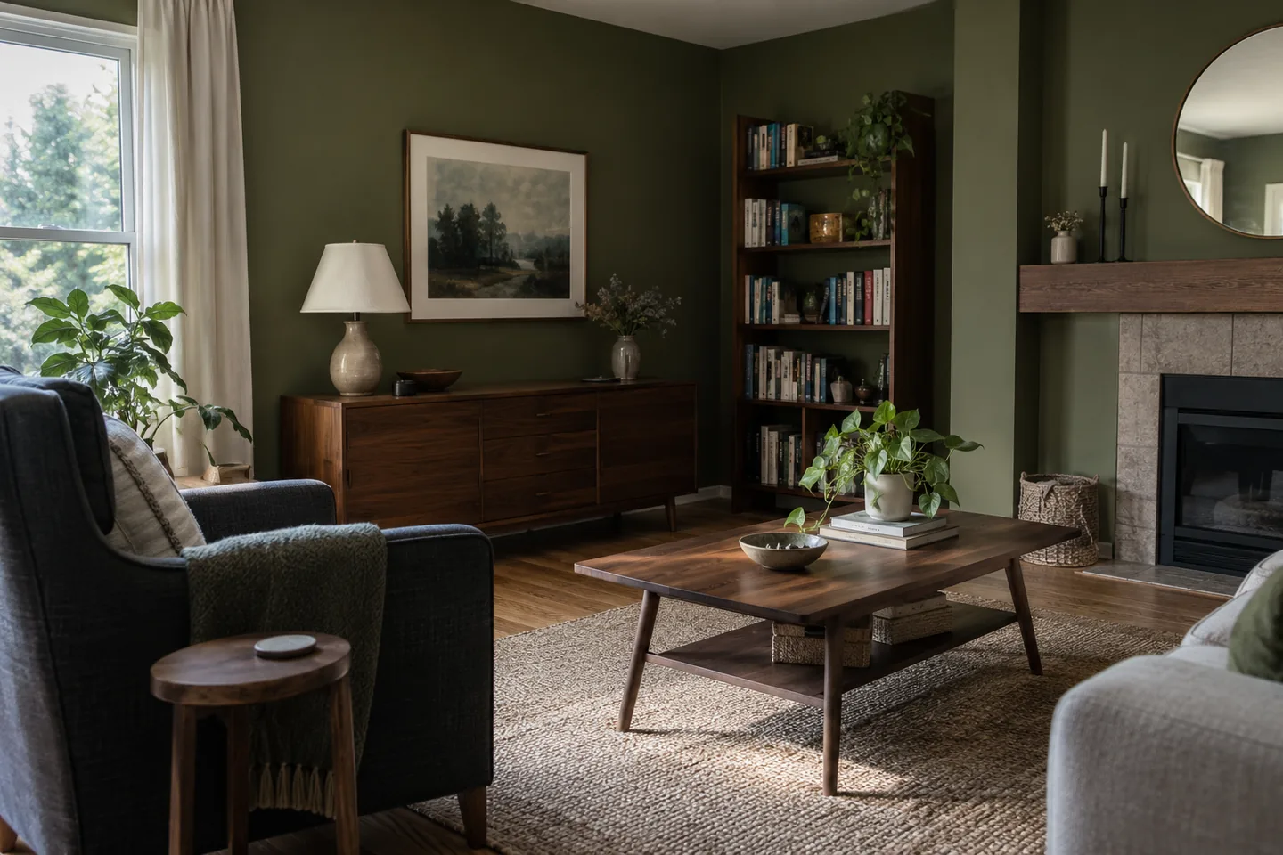 Olive living room walls with a cream sofa and walnut furniture