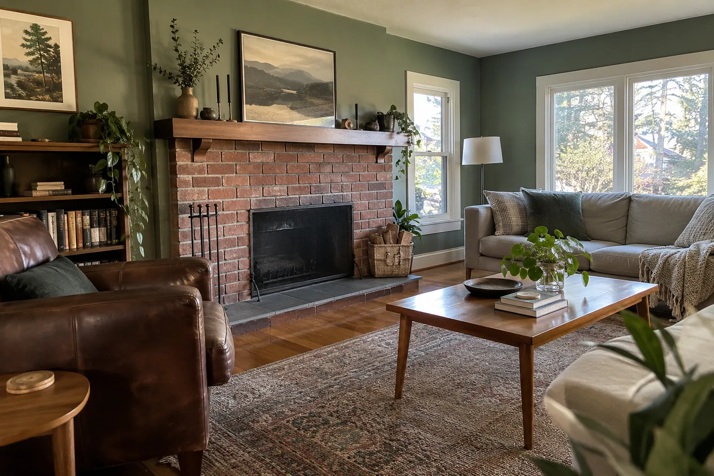 Muted green living room with a brick fireplace, timber mantel and wood floor