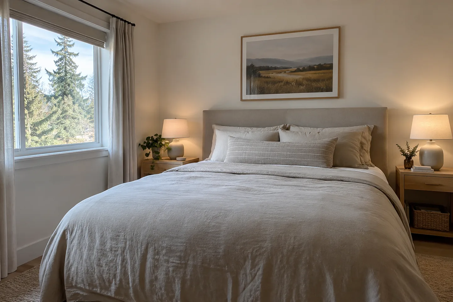 Soft white bedroom walls in indirect daylight with bedside lamps