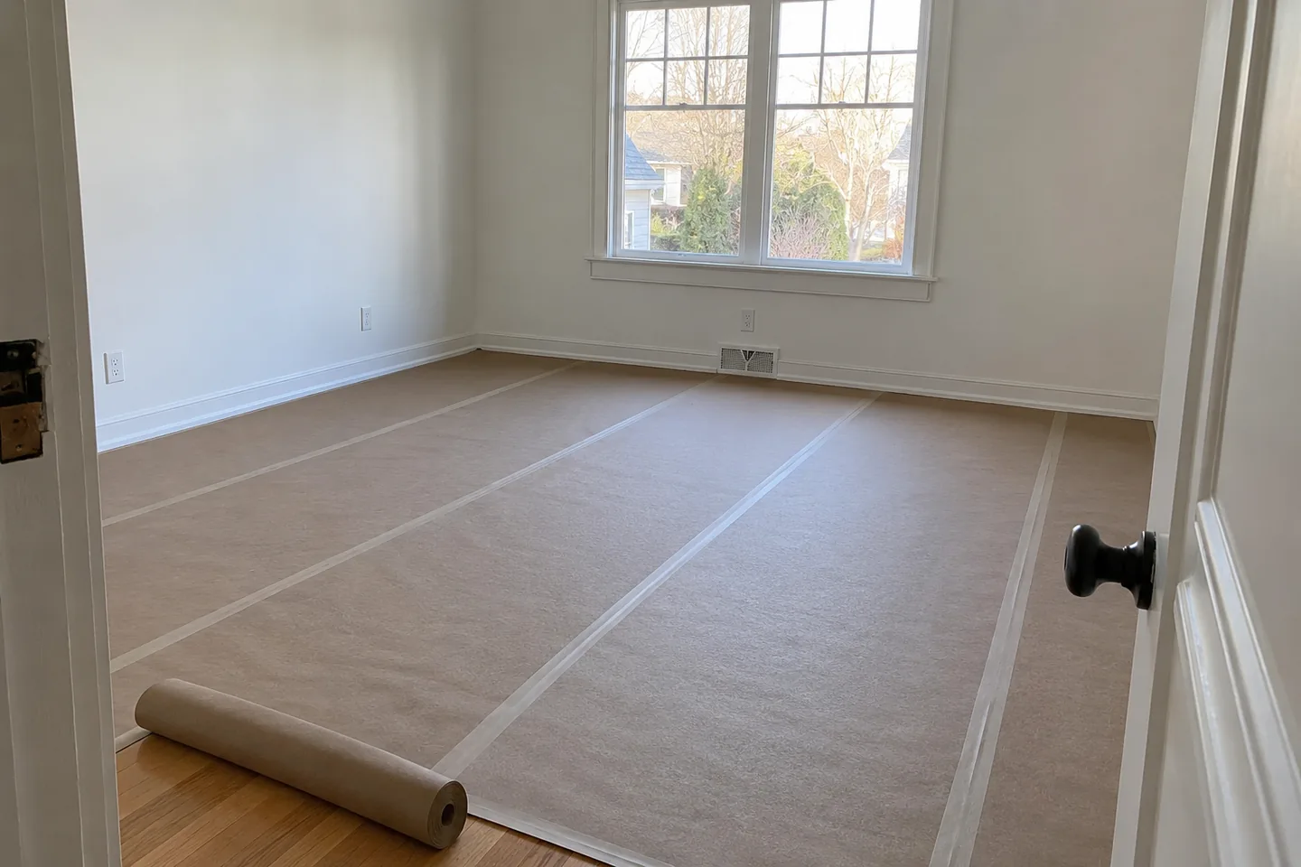Empty light-painted room with a timber floor protected by paper