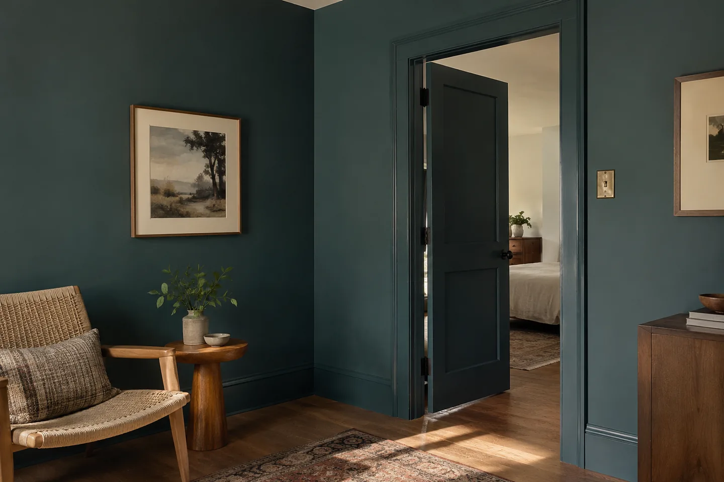 Deep teal walls with a matching painted door and casing