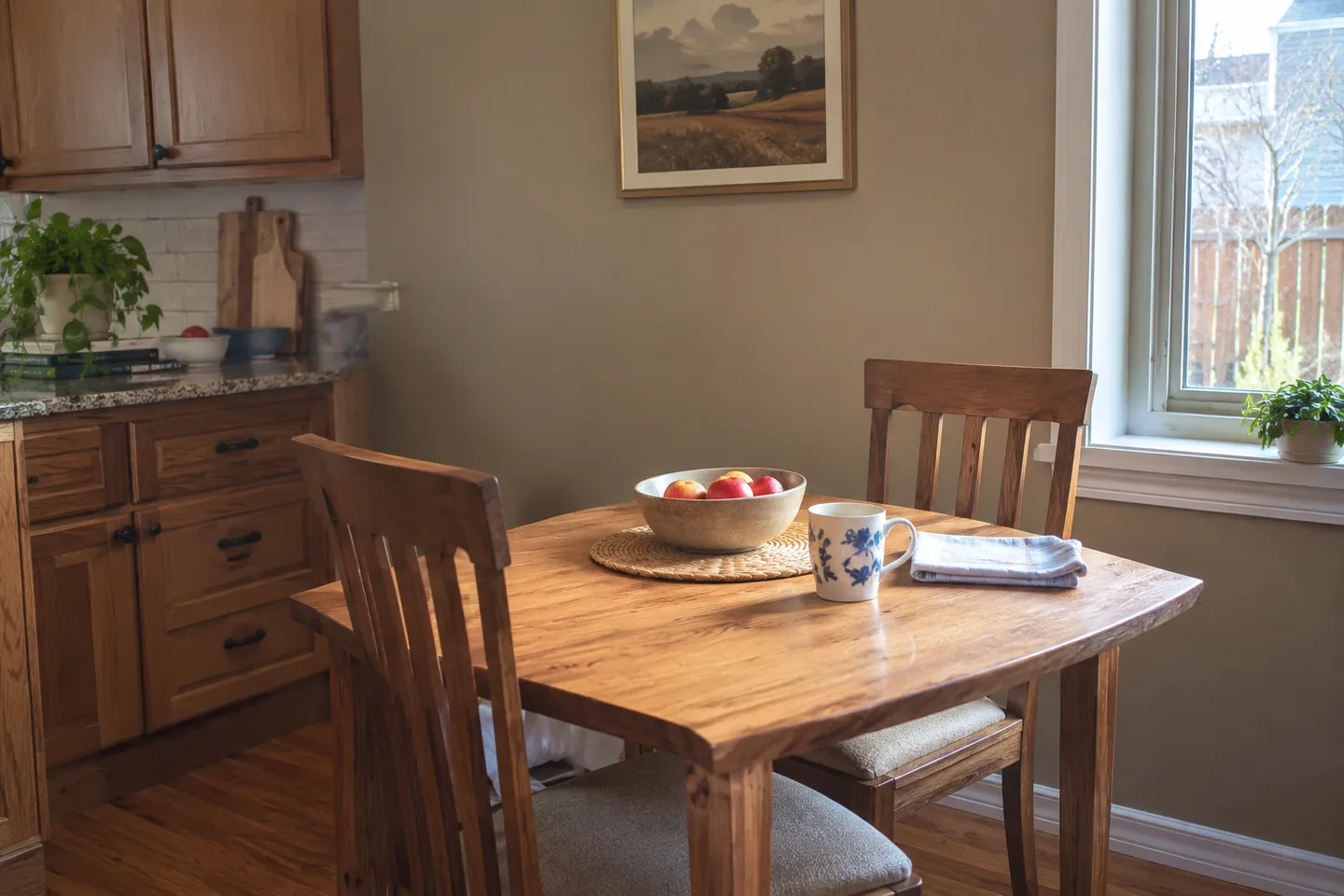 Honey-coloured oak cabinets and dining furniture beside a soft earthy wall