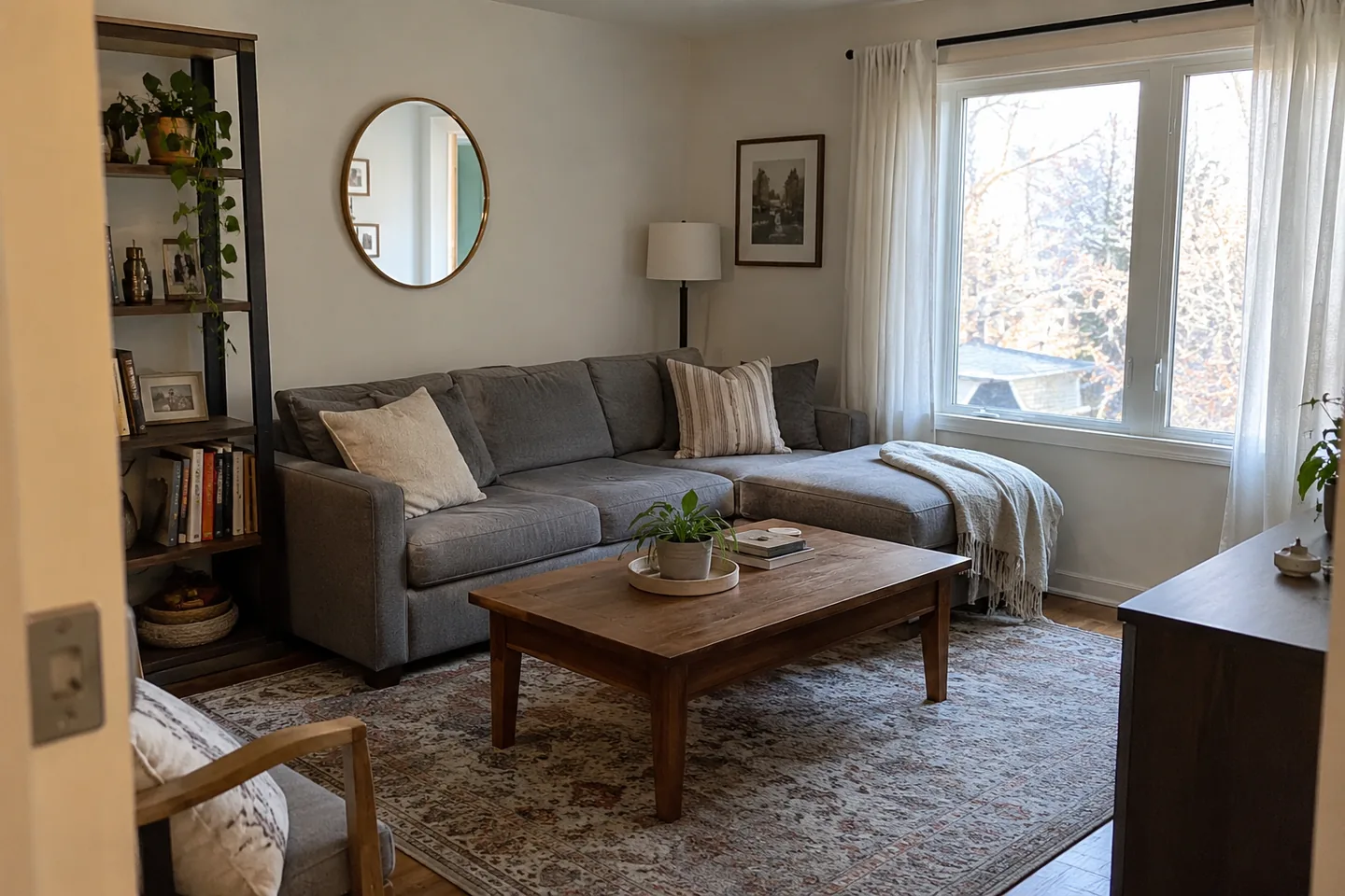 Tidy neutral living room with simple furniture and natural daylight