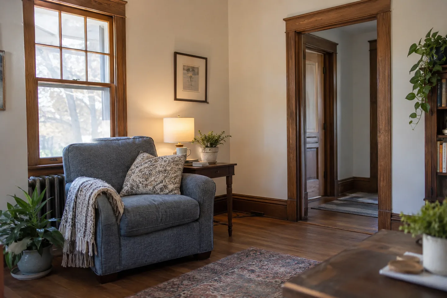 Ivory walls around an oak-trimmed window and doorway in a sitting room