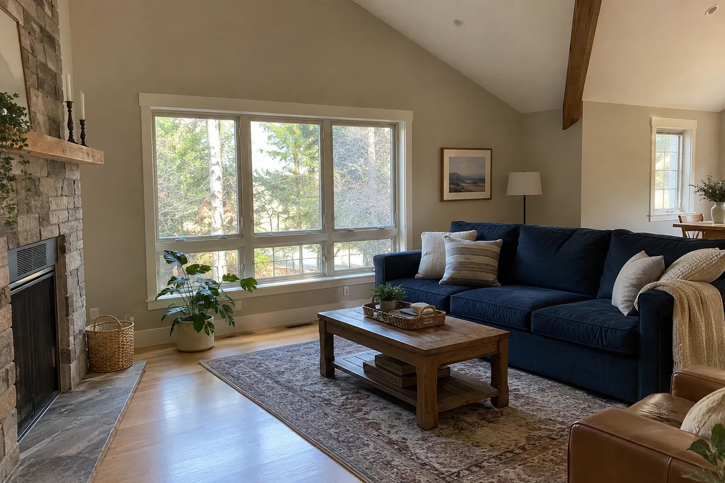 Sloped white ceiling above warm walls and a blue sofa in a living room
