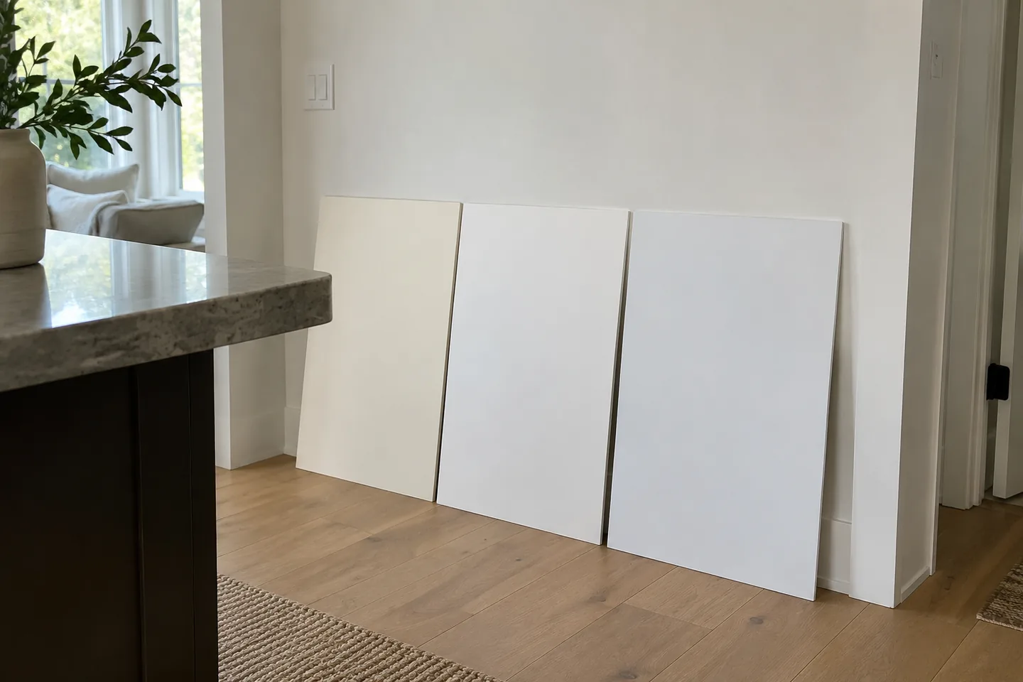 Three slightly different white paint sample boards beside oak and pale stone