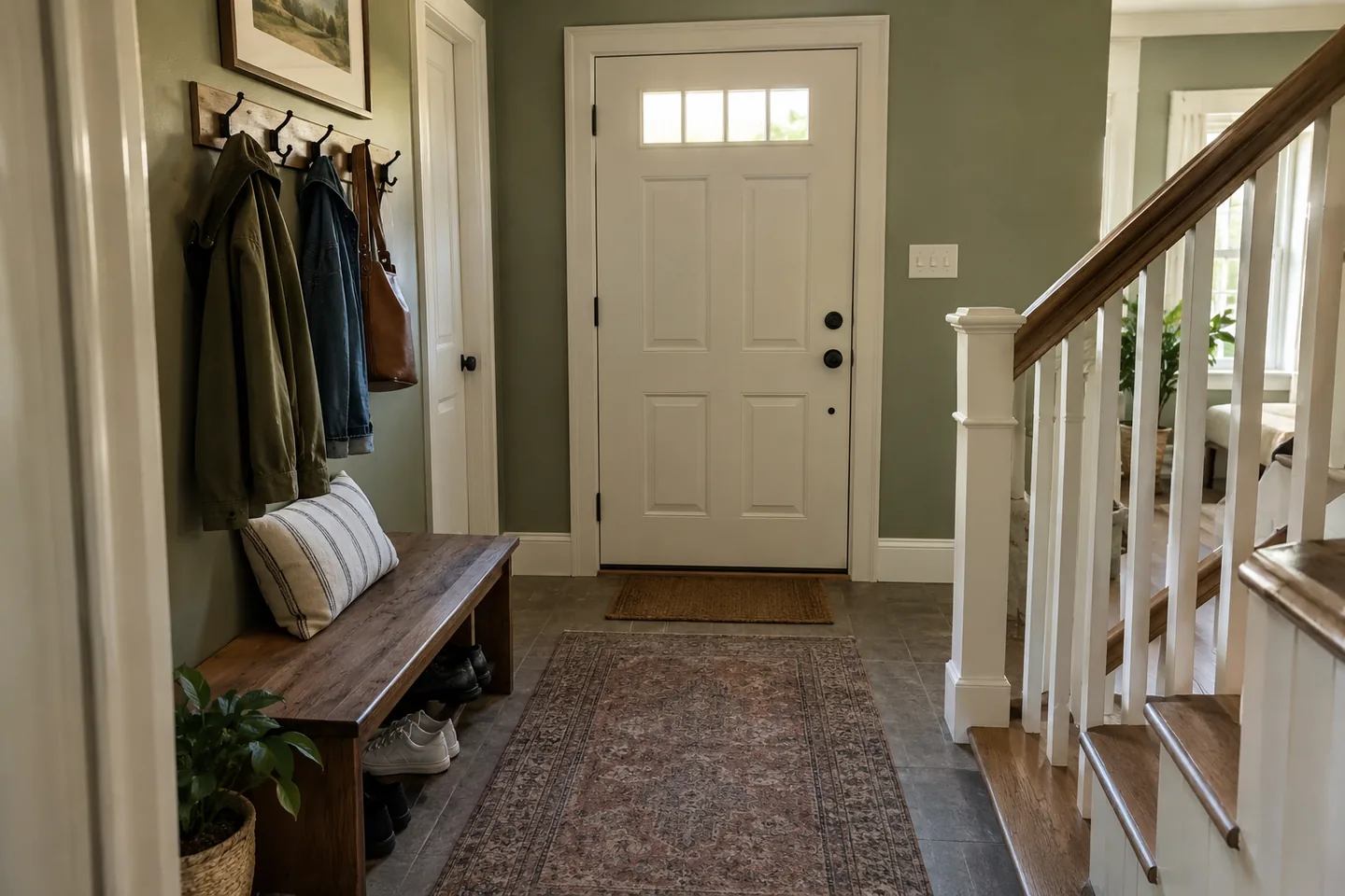 Olive hallway walls with a coat rack, timber bench and pale painted trim