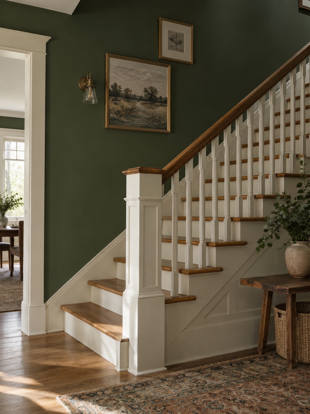 Colour inspiration: a moss-green stair hall with white painted trim and oak stairs